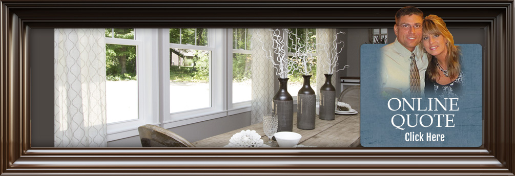 Request an online quote: a dining room with white double-hung windows, beside a portrait of a smiling couple