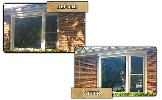 Before and after: a builder-grade bay window on a brick home, replaced with a new triple-pane bay with larger double-hungs