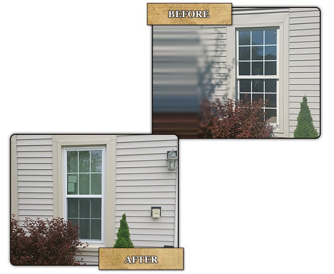 Before and after: a busy, inefficient window on a sided home, replaced with a triple-pane double-hung window with grids inside the glass