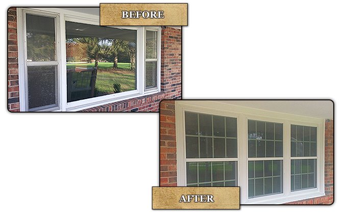 Before and after: drafty picture-style windows on a brick home, replaced with a new configuration of triple-pane units