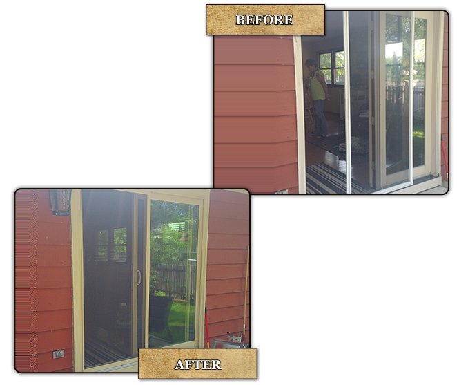 Before and after: a swinging patio door on a home with red siding, replaced with a beige 6100 Series sliding patio door