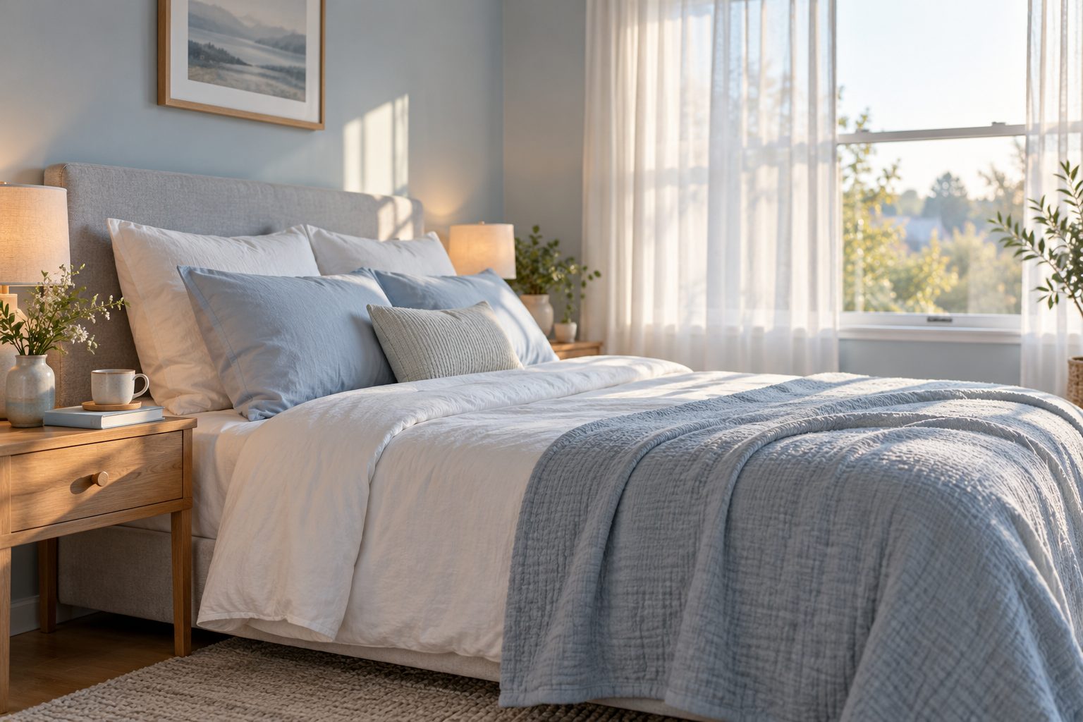 A calm bedroom in soft morning light with sheer curtains over a large window