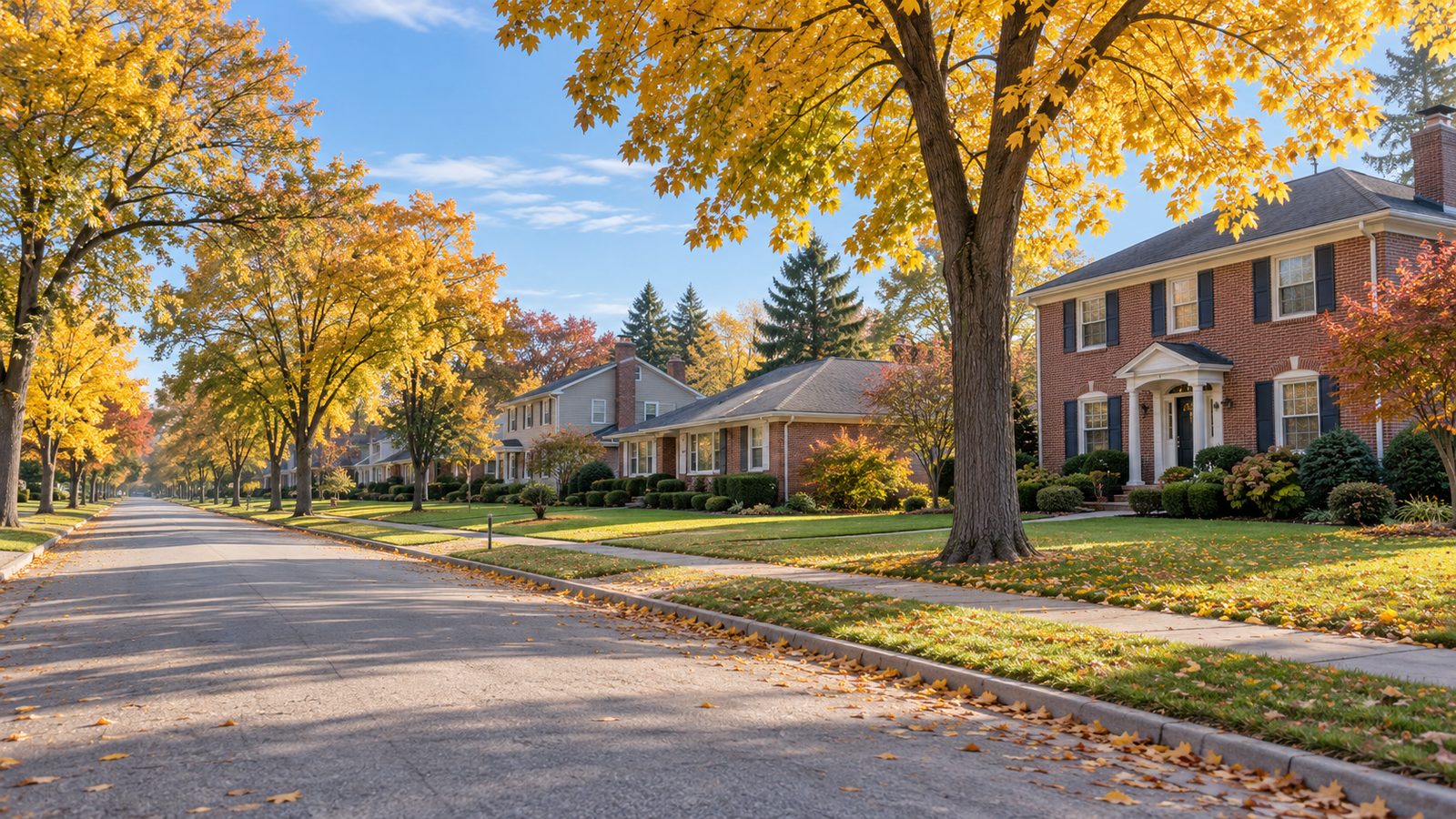 A tree-lined suburban street in autumn with brick and sided homes