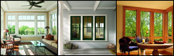 Three rooms showing Andersen windows in white, black and wood-tone finishes